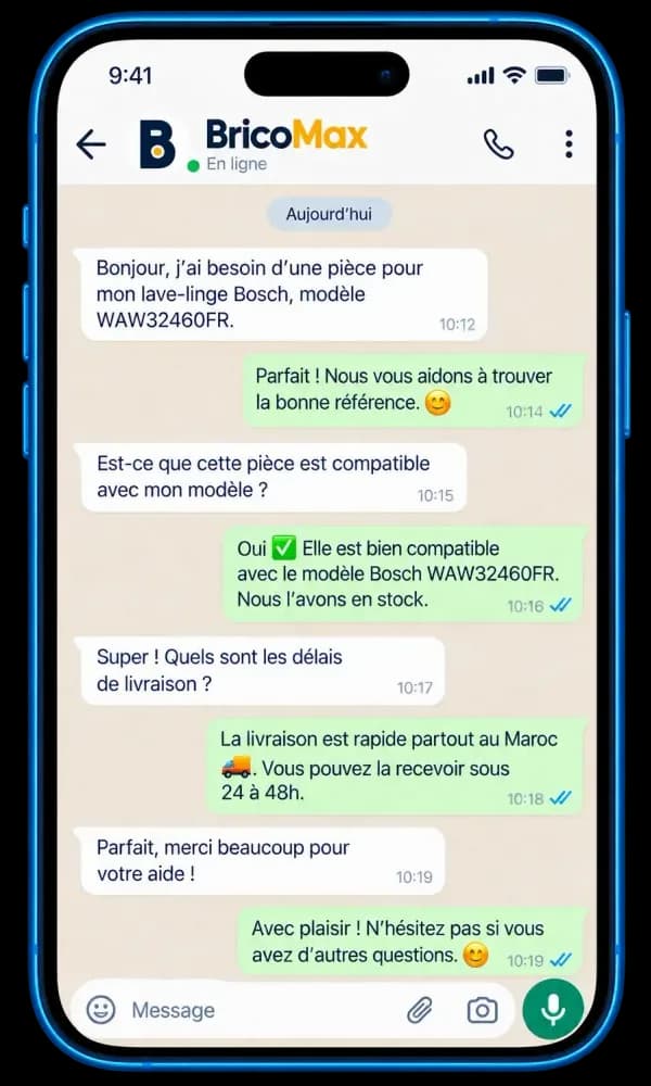 Exemple de conversation WhatsApp en français avec BricoMax